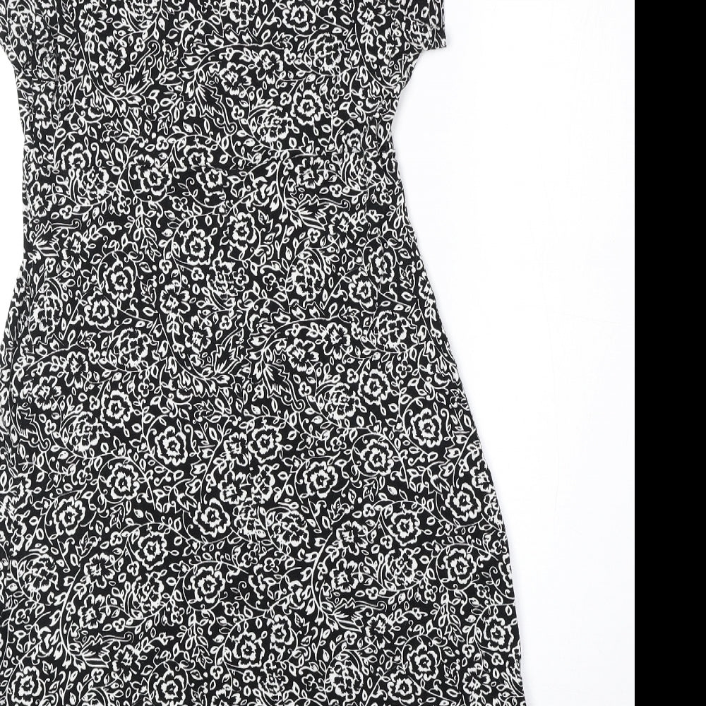 F&F Womens Black Floral Viscose Fit & Flare Size 8 V-Neck Pullover