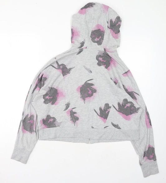 H&M Womens Grey Floral Cotton Full Zip Hoodie Size XS Zip - Cropped