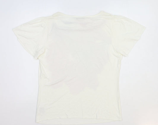 EWM Womens White Floral Viscose Basic T-Shirt Size M Cowl Neck