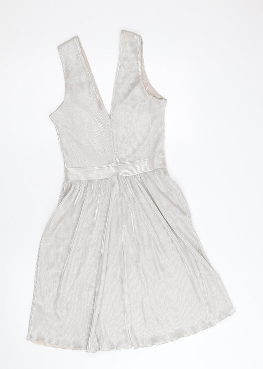 Miss Selfridge Womens Silver Polyester Skater Dress Size 8 V-Neck Zip