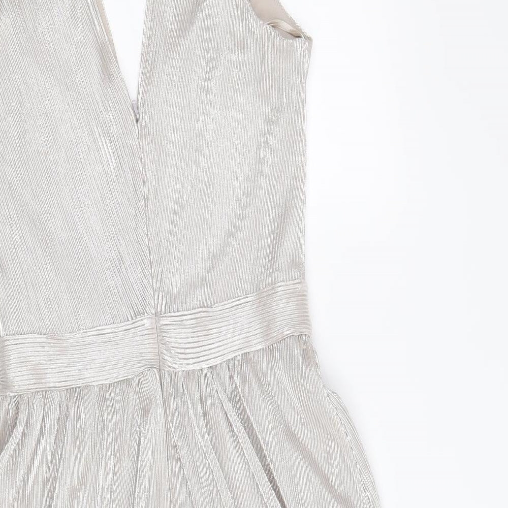 Miss Selfridge Womens Silver Polyester Skater Dress Size 8 V-Neck Zip