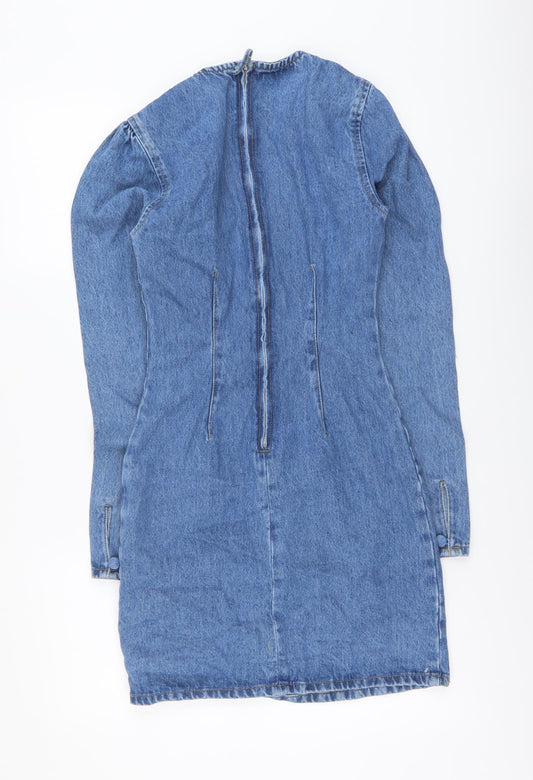 ASOS Womens Blue Cotton Bodycon Size 6 Square Neck Zip