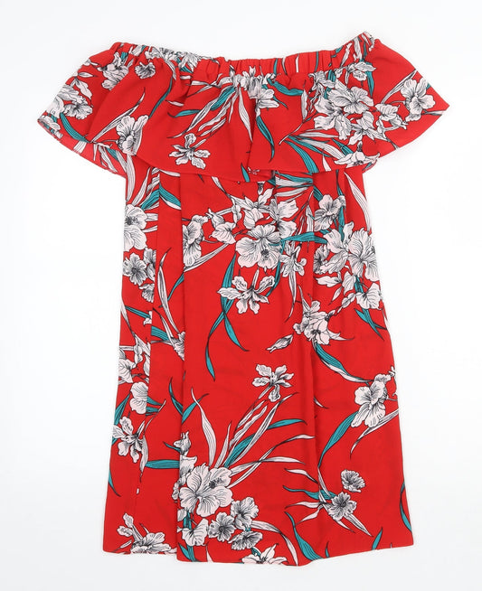 F&F Womens Red Floral Polyester Shift Size 10 Off the Shoulder Pullover