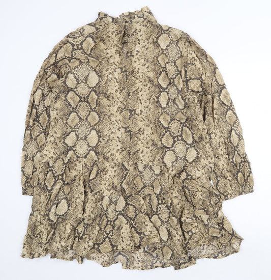 Zara Womens Beige Animal Print Polyester Shift Size 2XL High Neck Button - Snake Print