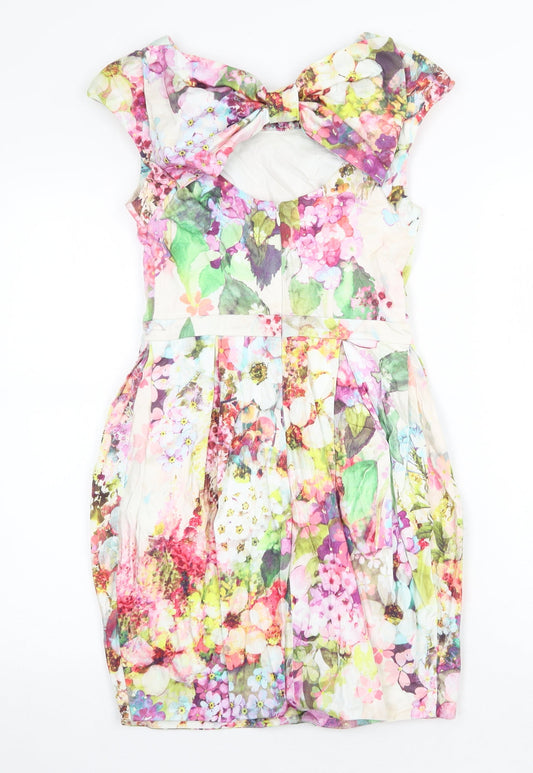 River Island Womens Multicoloured Floral Cotton Sheath Size 8 Round Neck Zip