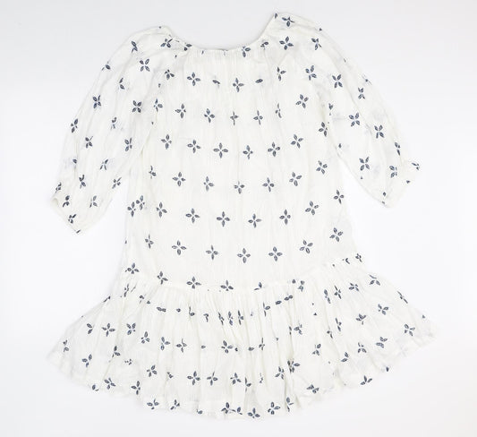 NEXT Womens White Geometric 100% Cotton Fit & Flare Size 8 Scoop Neck Pullover - Peplum