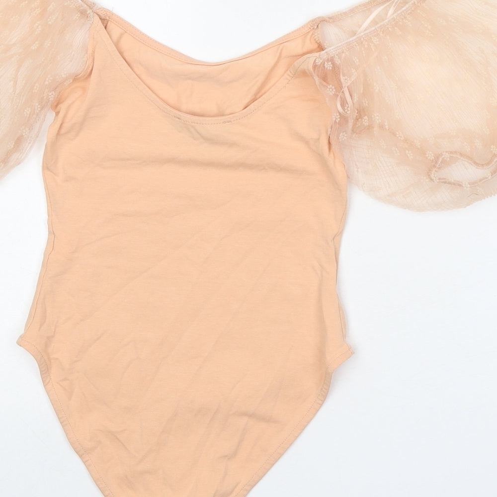 Primark Womens Orange Cotton Bodysuit One-Piece Size 6 Snap - Mesh Sleeve