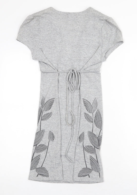 Purple Womens Grey Floral Cotton Fit & Flare Size S V-Neck Tie