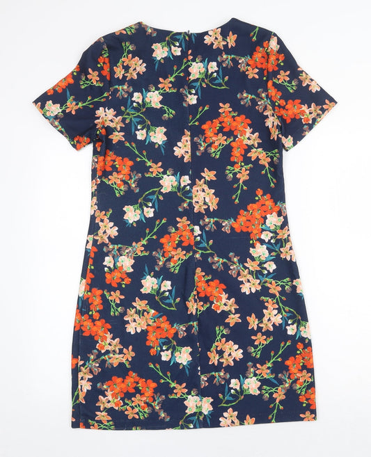 Yumi Womens Blue Floral Polyester A-Line Size 8 Round Neck Zip