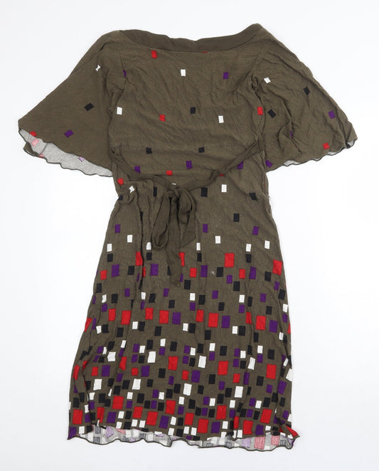 La Redoute Womens Green Geometric Viscose Fit & Flare Size 6 V-Neck Tie