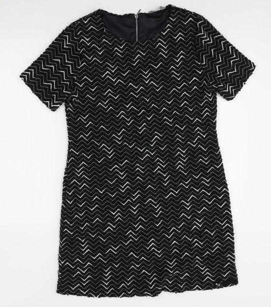 Nutmeg Womens Black Geometric Polyester Shift Size 12 Boat Neck Zip