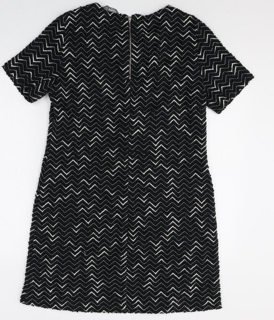 Nutmeg Womens Black Geometric Polyester Shift Size 12 Boat Neck Zip