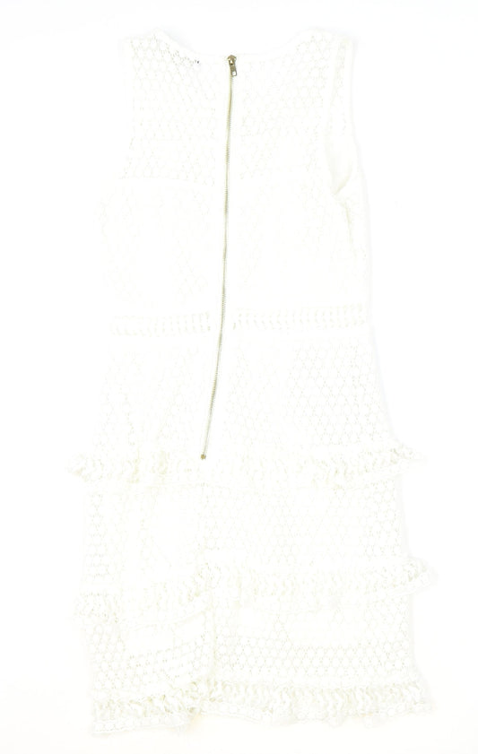 Preworn Womens Ivory Geometric Polyester A-Line Size M Scoop Neck Zip