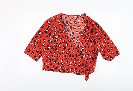 Very Womens Red Animal Print Polyester Wrap Blouse Size 18 V-Neck - Leopard Print Cropped