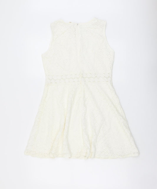 Rebellion Womens Ivory Floral Cotton Skater Dress Size M Scoop Neck Zip