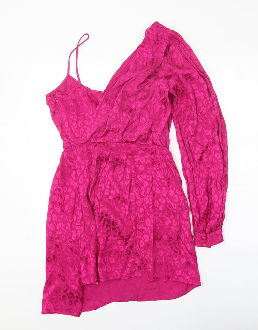 Topshop Womens Pink Animal Print Viscose Mini Size 8 One Shoulder Zip - Leopard Print