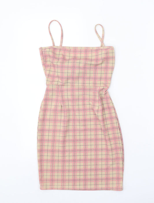 Daisy Street Womens Beige Plaid Polyester Bodycon Size 6 Square Neck Tie
