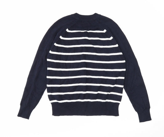 Marks and Spencer Mens Blue Round Neck Striped Cotton Pullover Jumper Size S Long Sleeve