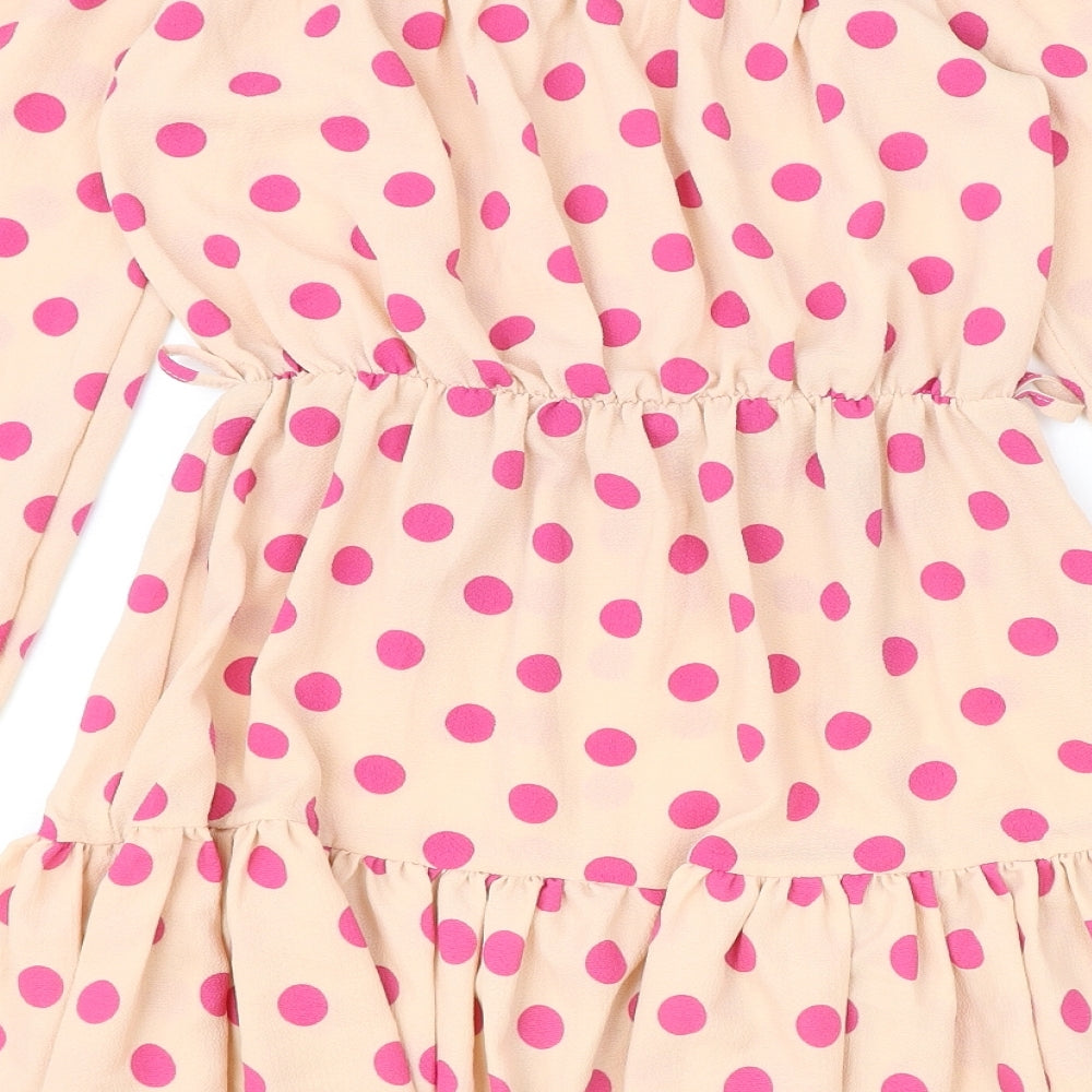 PRETTYLITTLETHING Womens Beige Polka Dot Polyester A-Line Size 8 Off the Shoulder Pullover