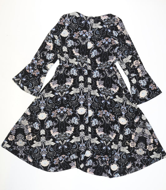M&Co Womens Black Geometric Polyester Fit & Flare Size 10 Round Neck Zip