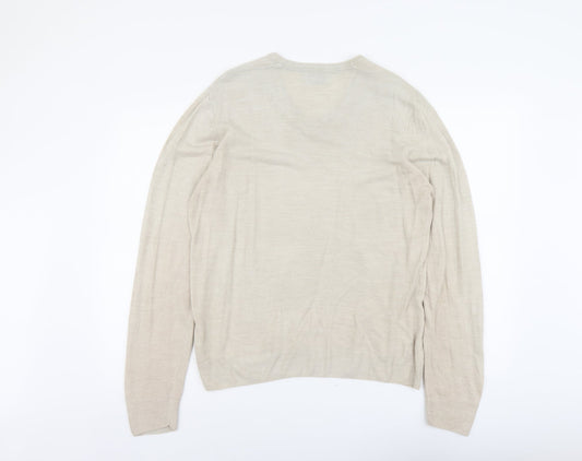 Marks and Spencer Mens Beige V-Neck Acrylic Pullover Jumper Size M Long Sleeve