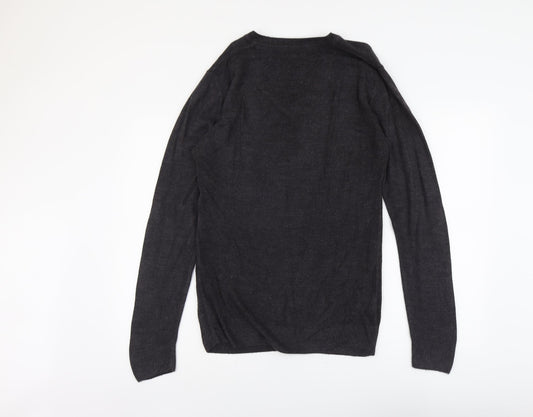 Easy Mens Grey V-Neck Acrylic Pullover Jumper Size S Long Sleeve