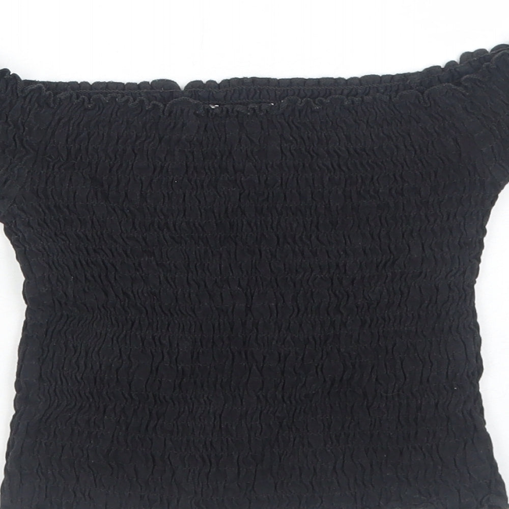 Preworn Girls Black Cotton Cropped Blouse Size 7 Years Off the Shoulder Pullover - Shirred Bardot