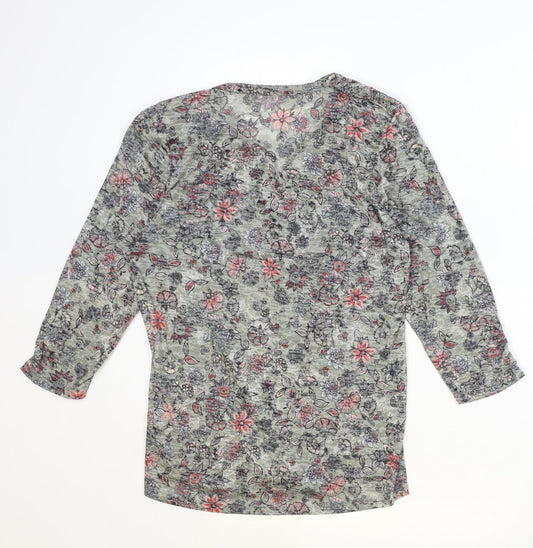 M&Co Womens Green Floral Polyester Basic Button-Up Size 12 V-Neck