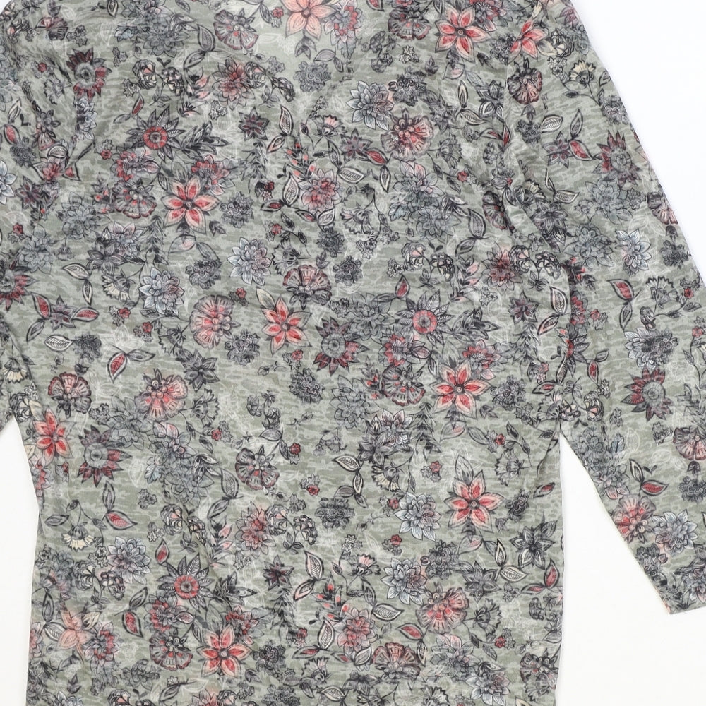 M&Co Womens Green Floral Polyester Basic Button-Up Size 12 V-Neck