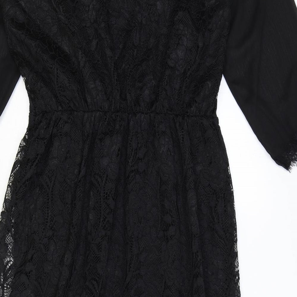 Oasis Womens Black Geometric Polyester A-Line Size M Round Neck Button