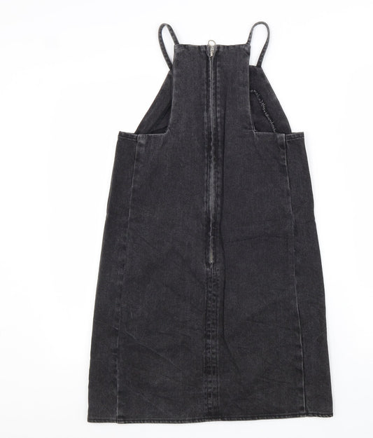 Topshop Womens Black Cotton Pinafore/Dungaree Dress Size 6 Square Neck Zip