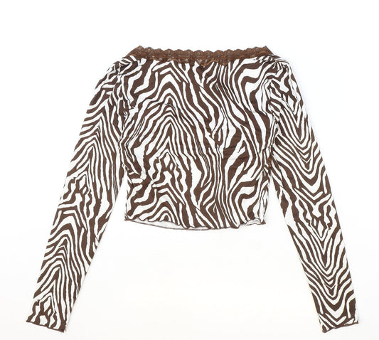 SheIn Womens Brown Animal Print Polyester Cropped Blouse Size S Square Neck - Tiger Print Lace Detail