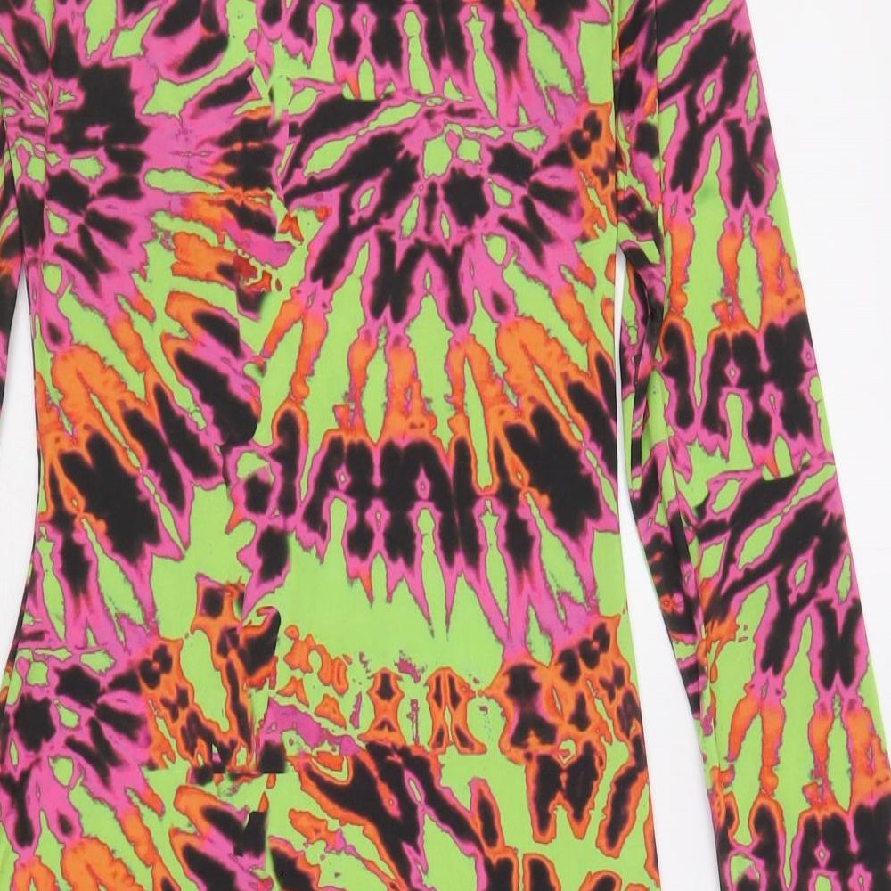 PRETTYLITTLETHING Womens Multicoloured Geometric Viscose Bodycon Size 6 Mock Neck Pullover