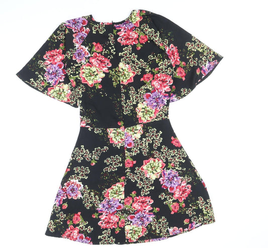 Daisy Street Womens Black Floral Polyester A-Line Size 8 Scoop Neck Zip - Angel Sleeve
