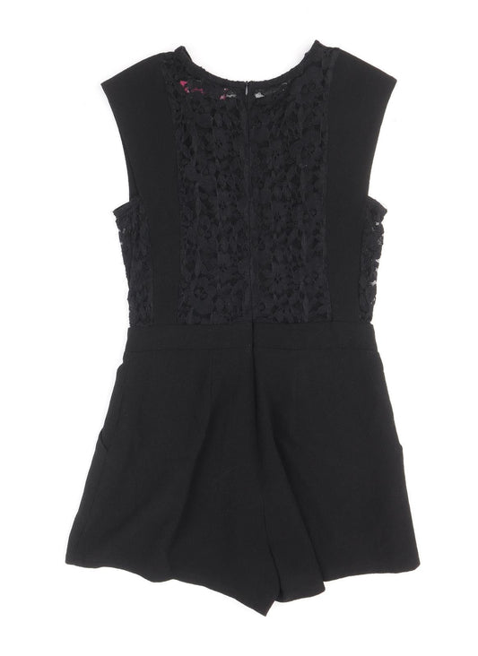 Boohoo Womens Black Polyester Playsuit One-Piece Size 6 Zip - Lace Detail