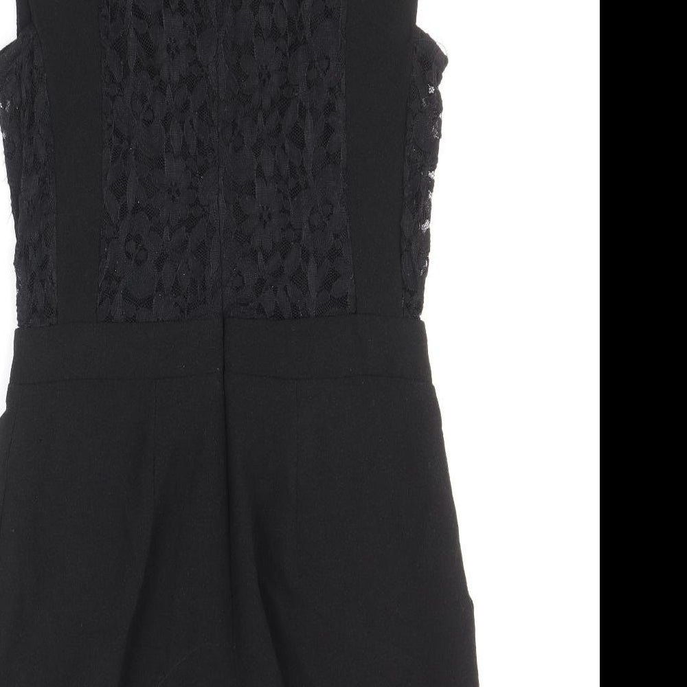 Boohoo Womens Black Polyester Playsuit One-Piece Size 6 Zip - Lace Detail