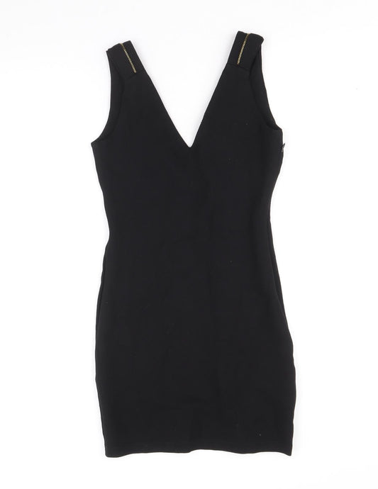 Zara Womens Black Viscose Pencil Dress Size S V-Neck Zip