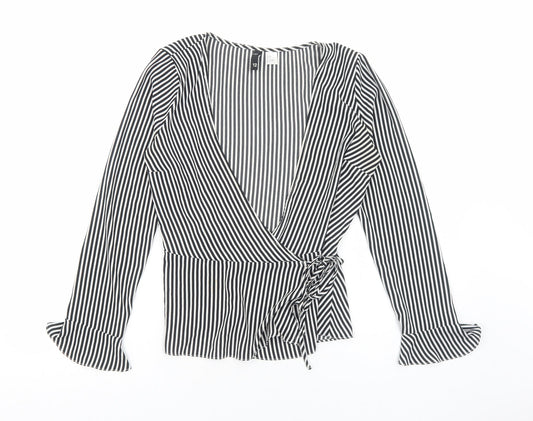 H&M Womens White Striped Polyester Wrap Blouse Size 12 V-Neck