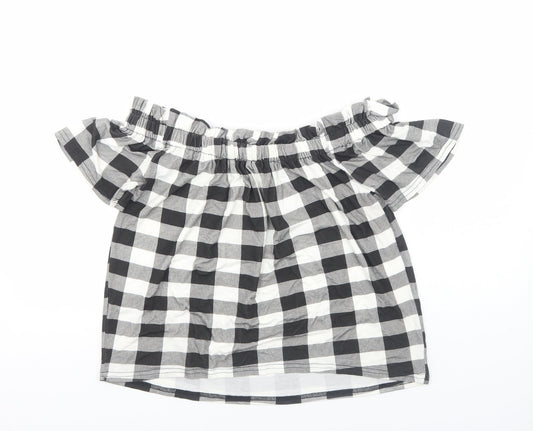 Primark Womens Black Check Viscose Basic Blouse Size 12 Boat Neck