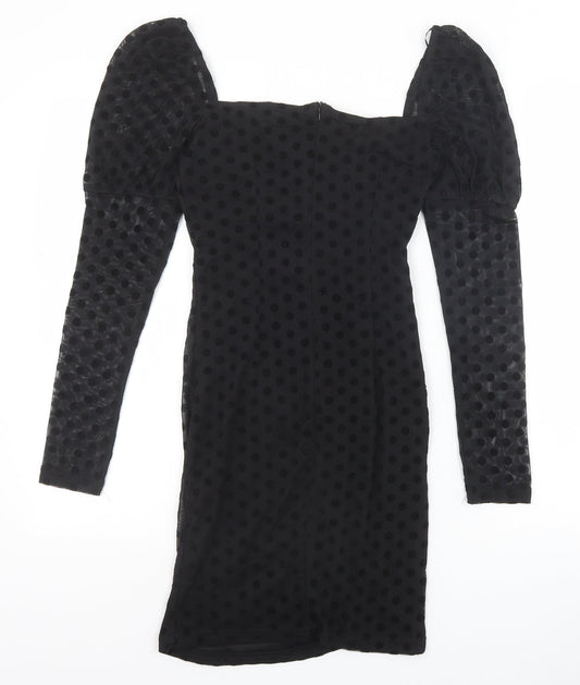 NAANAA Womens Black Polka Dot Viscose Bodycon Size 6 Square Neck Zip