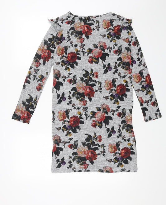 Oasis Womens Grey Floral Polyester A-Line Size XS Round Neck Pullover