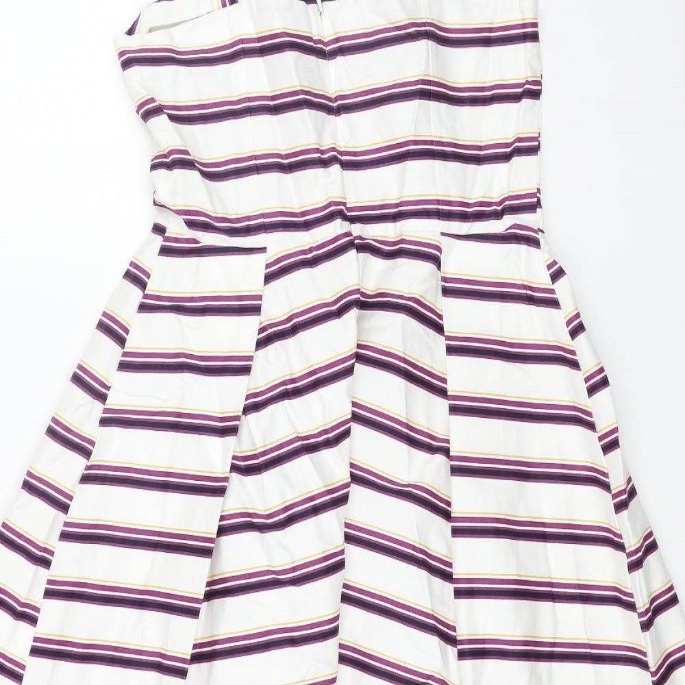 TU Womens White Striped Viscose Fit & Flare Size 10 Square Neck Zip