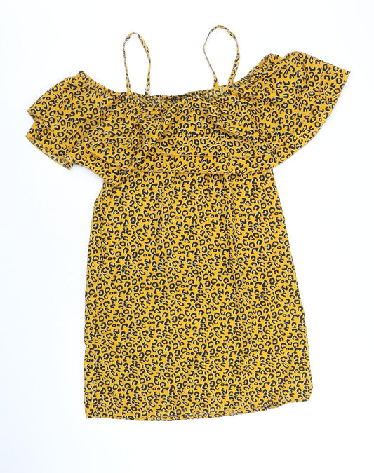 Pep & Co Womens Yellow Animal Print Polyester A-Line Size 8 Round Neck Pullover - Leopard Pattern