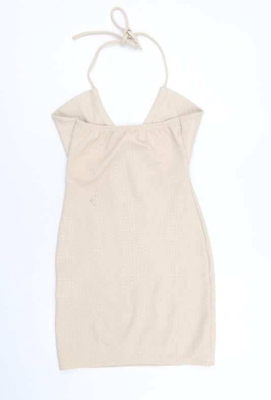 PRETTYLITTLETHING Womens Beige Polyacrylate Fibre Mini Size 10 Halter Tie