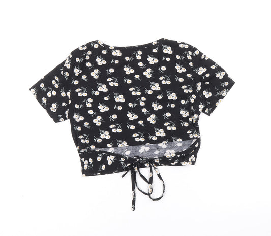 SheIn Womens Black Floral Polyester Cropped T-Shirt Size M V-Neck