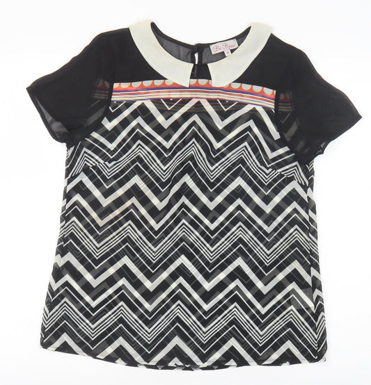 Be Beau Womens Black Geometric Polyester Basic Blouse Size 10 Collared