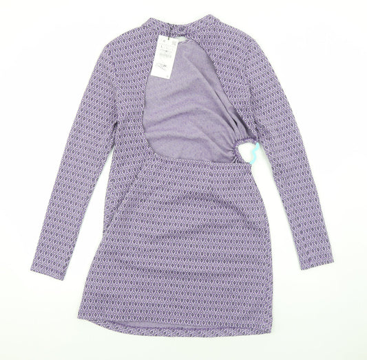 Zara Womens Purple Geometric Viscose Bodycon Size L High Neck Pullover - Cut Out Back Detail
