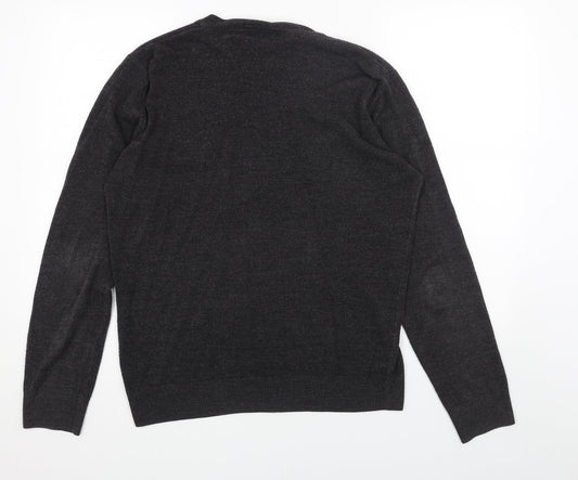 Easy Mens Grey V-Neck Acrylic Pullover Jumper Size M Long Sleeve