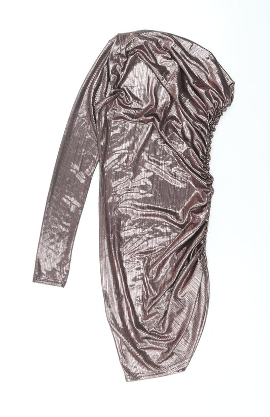 PRETTYLITTLETHING Womens Pink Polyester Bodycon Size 6 One Shoulder Pullover - Metallic