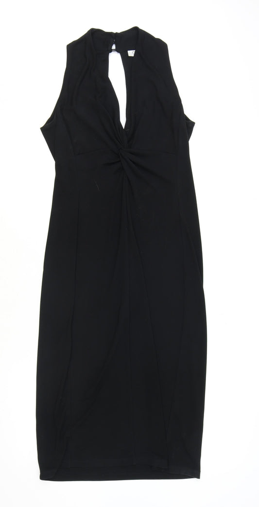 One Womens Black Polyester Bodycon Size 12 V-Neck Button - Knot Front